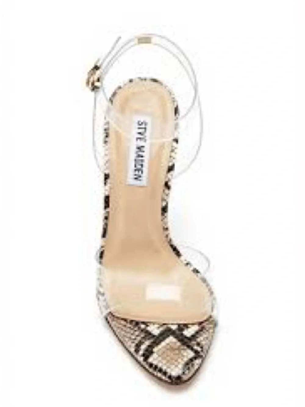 Steve Madden White Snake-Print Clear Strap Stiletto Sandals